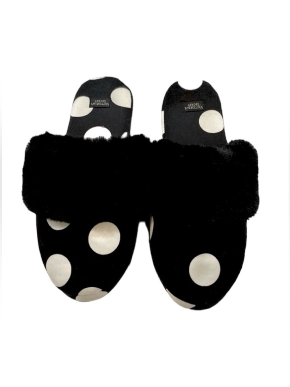 Victoria’s Secret Black Retro Pinup Polka Dot SZ S Faux Fur Smooth Satin Slipper